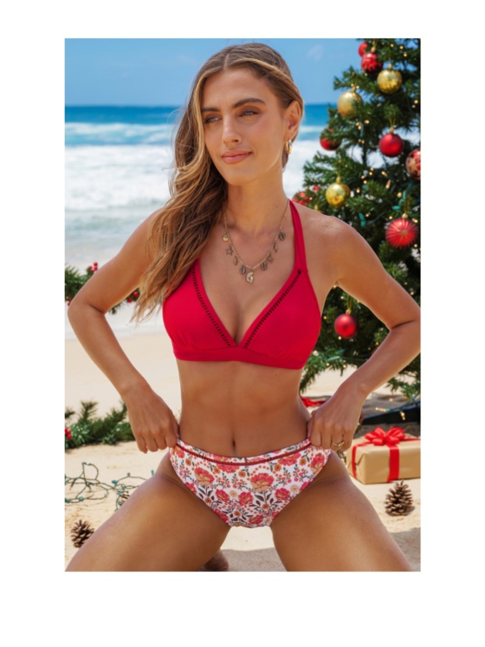 Red Bikini Top with Floral Bottom Set